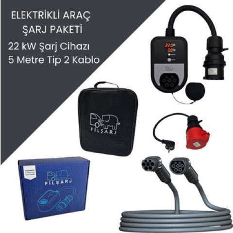 Elektrikli Araç Şarj Paketi 22Kw Şarj Cihazı + 5 Metre Tip 2 Kablo